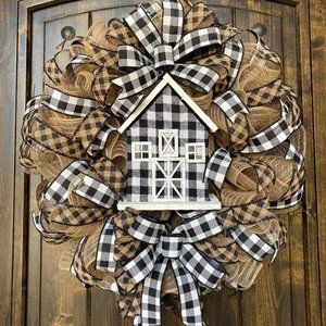 Farmhouse Wreath, Barn Wreath, Buffalo Plaid Wreath